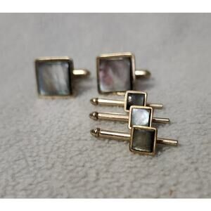 Vintage Swank Cuff Link and Button Stud Set Silver Square Modern Mother Pearl